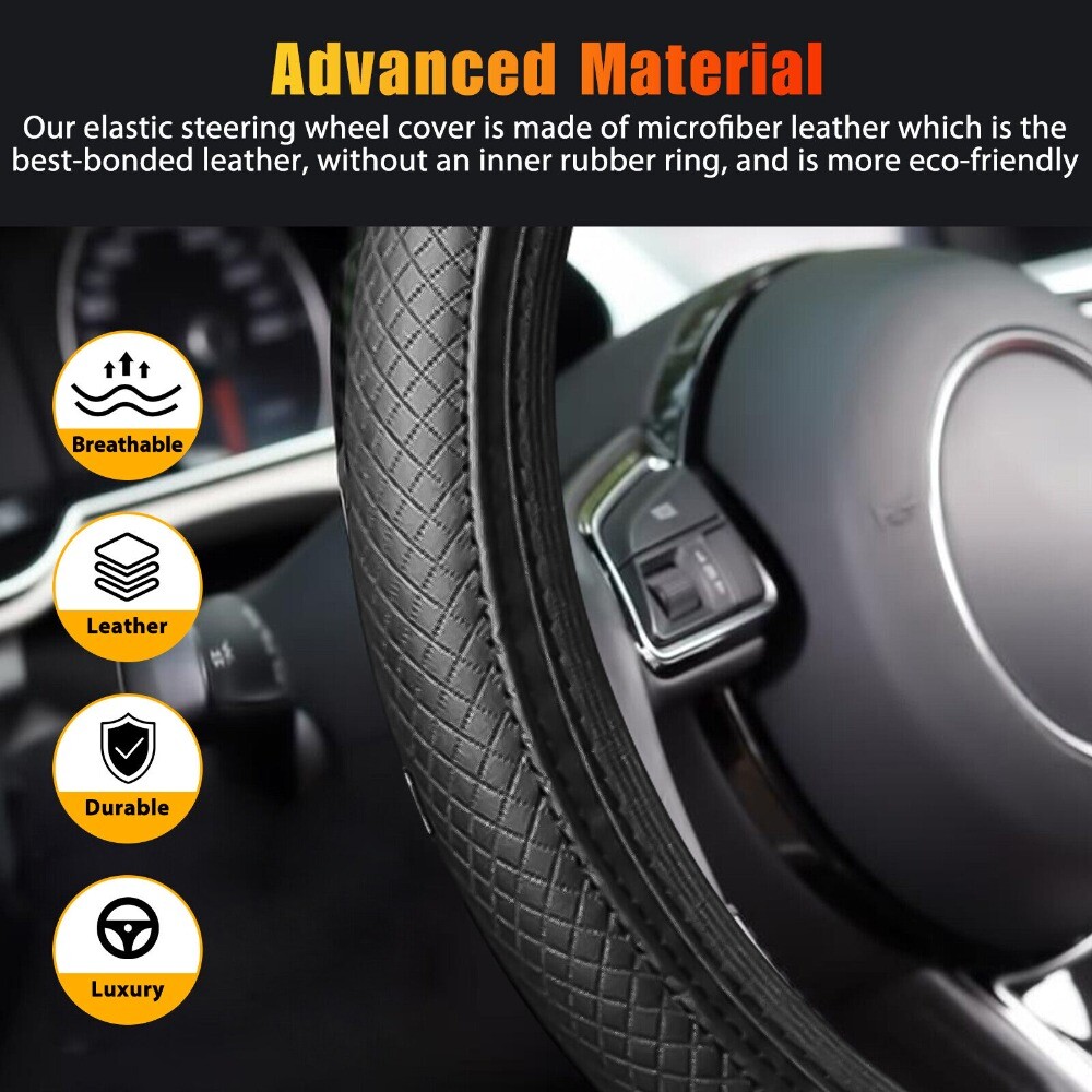 Black Leather Car Steering Wheel Cover Breathable Anti-slip Car Accessories