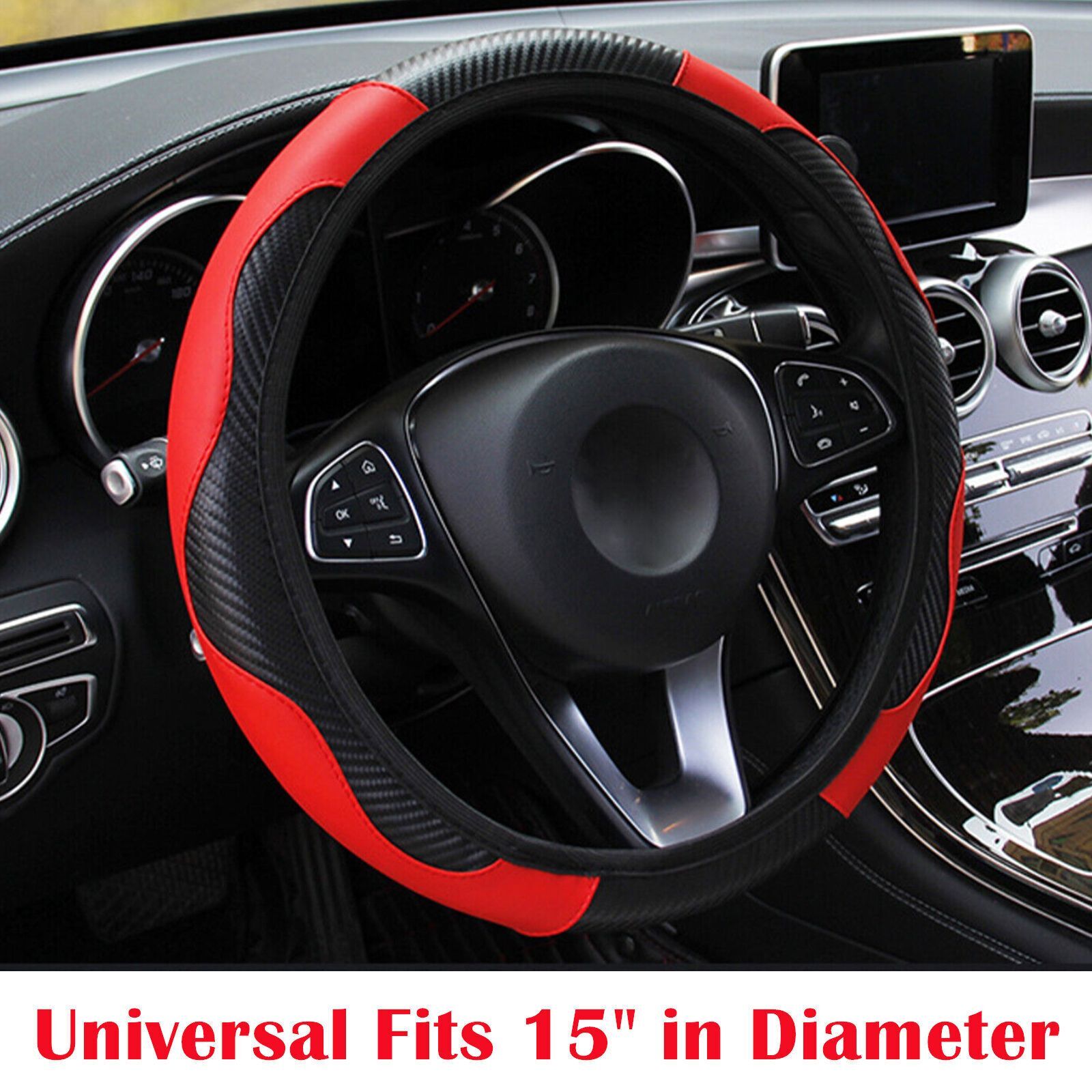 Universal 15”/38cm Leather Car Steering Wheel Cover Anti-slip Accessories Black