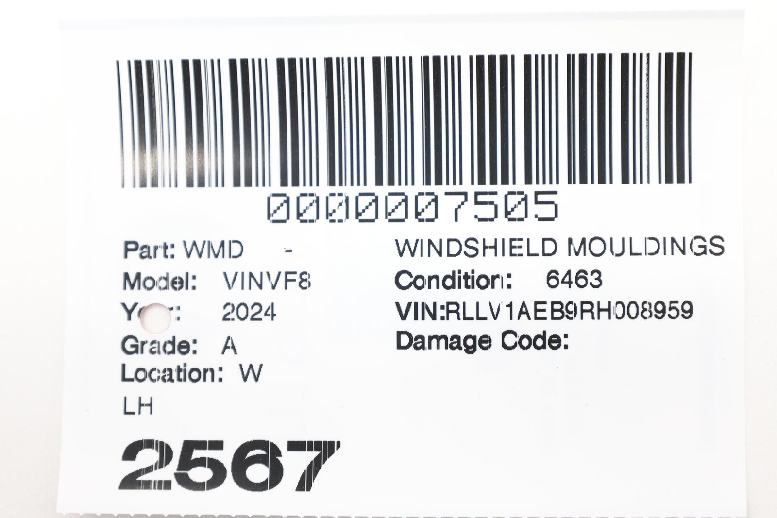 2023-2026 VINFAST VF 8 FRONT WINDSHIELD LEFT SIDE MOLDING COVER OEM BEX30006230
