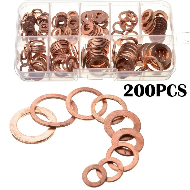 200pcs Engine Oil Drain Plug Copper Crush Washer Seal O-Ring Gasket 9 Sizes Box