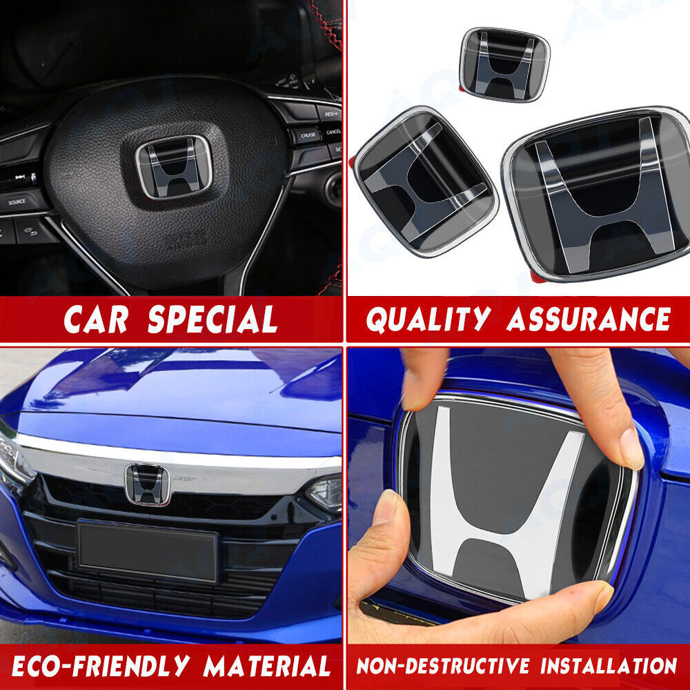 3pcs For Civic 2016-2021 JDM Black Front+Rear+Steering Wheel Emble Logo Badge