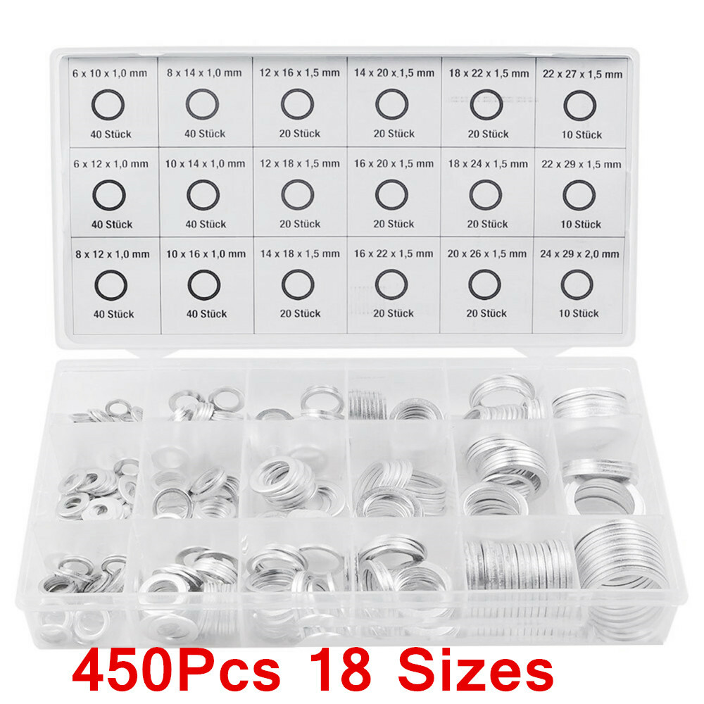 450Pcs Oil Drain Plug Crush Washer Gasket 18 Sizes Aluminum Metal Sealing Rings