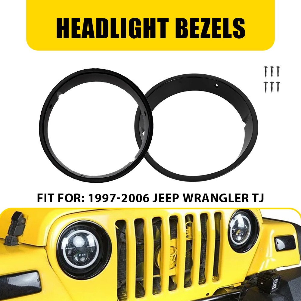 Pair New Black Headlight Bezels For Insert Cover Trim 1997-2006 Wrangler Jeep TJ