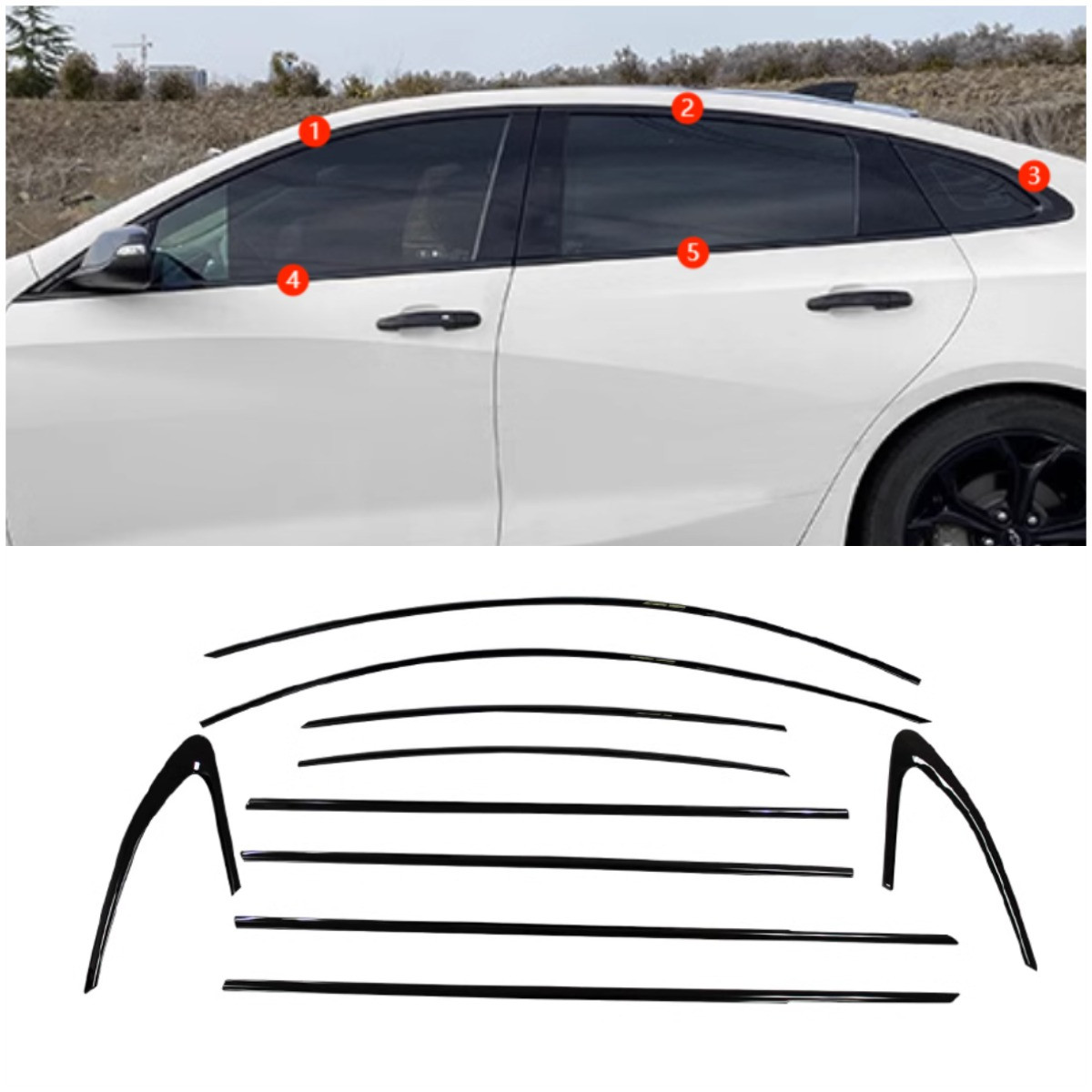 Steel Glossy Black Window Side Molding Cover Trim For 2016-2024 Chevrolet Malibu