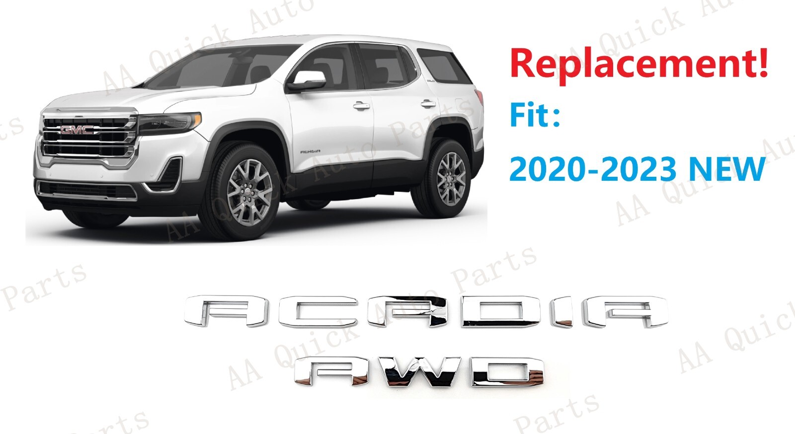 2PC Set Chrome Rear Tailgate Acadia AWD Letter Emblem Fit 2020-2023 Acadia