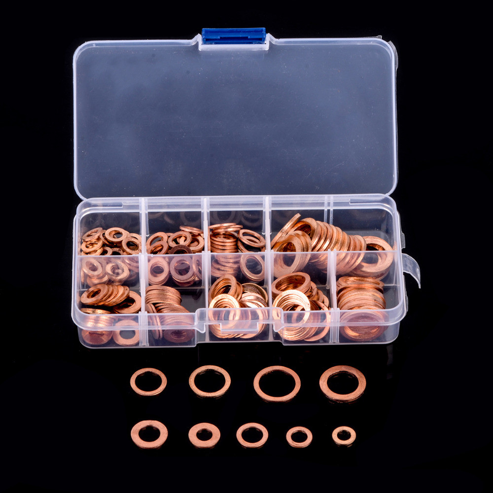 200pcs Engine Oil Drain Plug Copper Crush Washer Seal O-Ring Gasket 9 Sizes Box