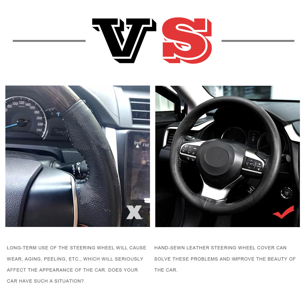 DIY Genuine Leather Car Steering Wheel Cover Needle Thread Anti-slip Black 15″US