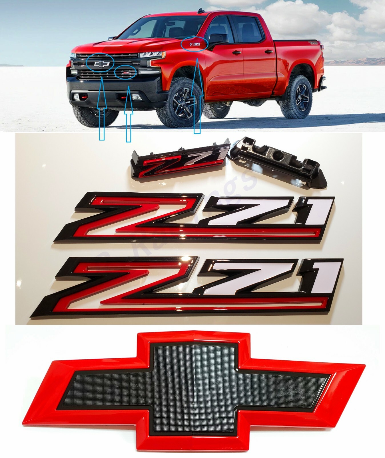 Gloss Black Red White Front Fender Z71 Red Black Bowtie Emblem 2019-21 Silverado