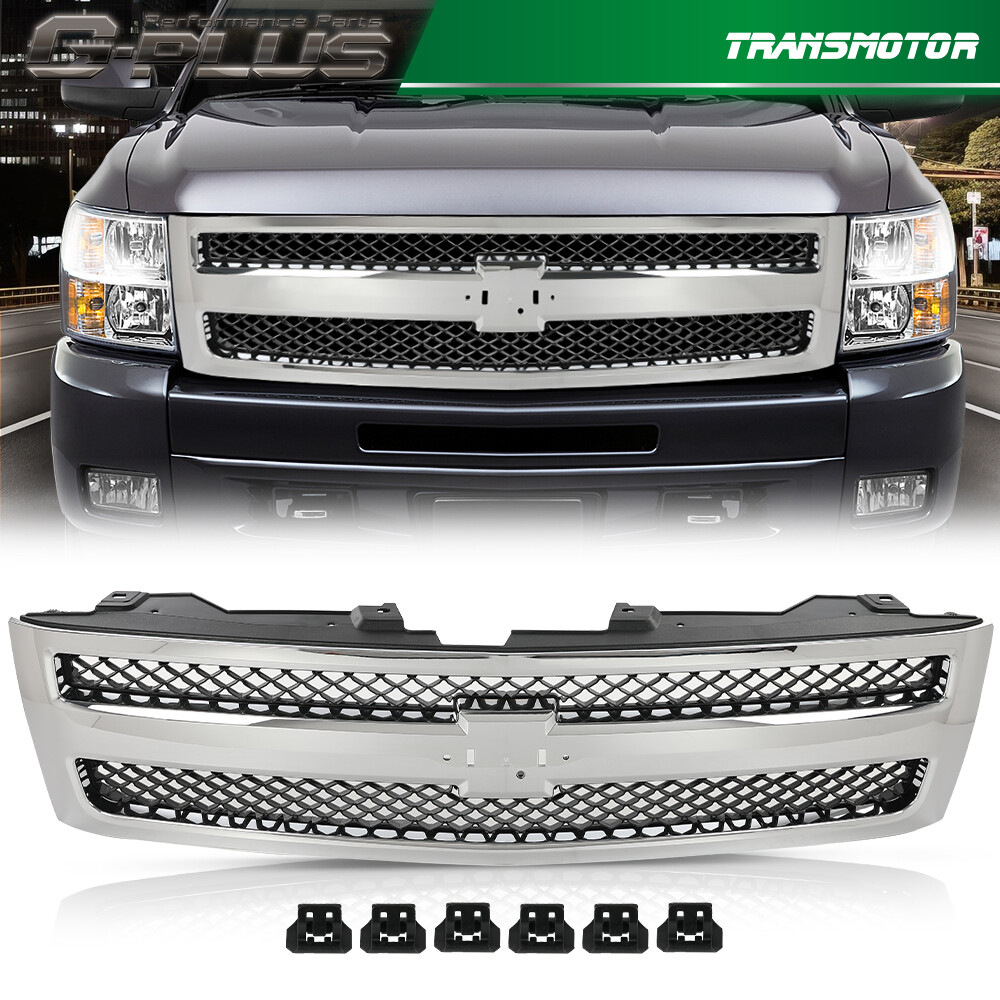 Fit For 2007-2013 Chevy Silverado 1500 Grille Grill Chrome Shell w/ Black Insert
