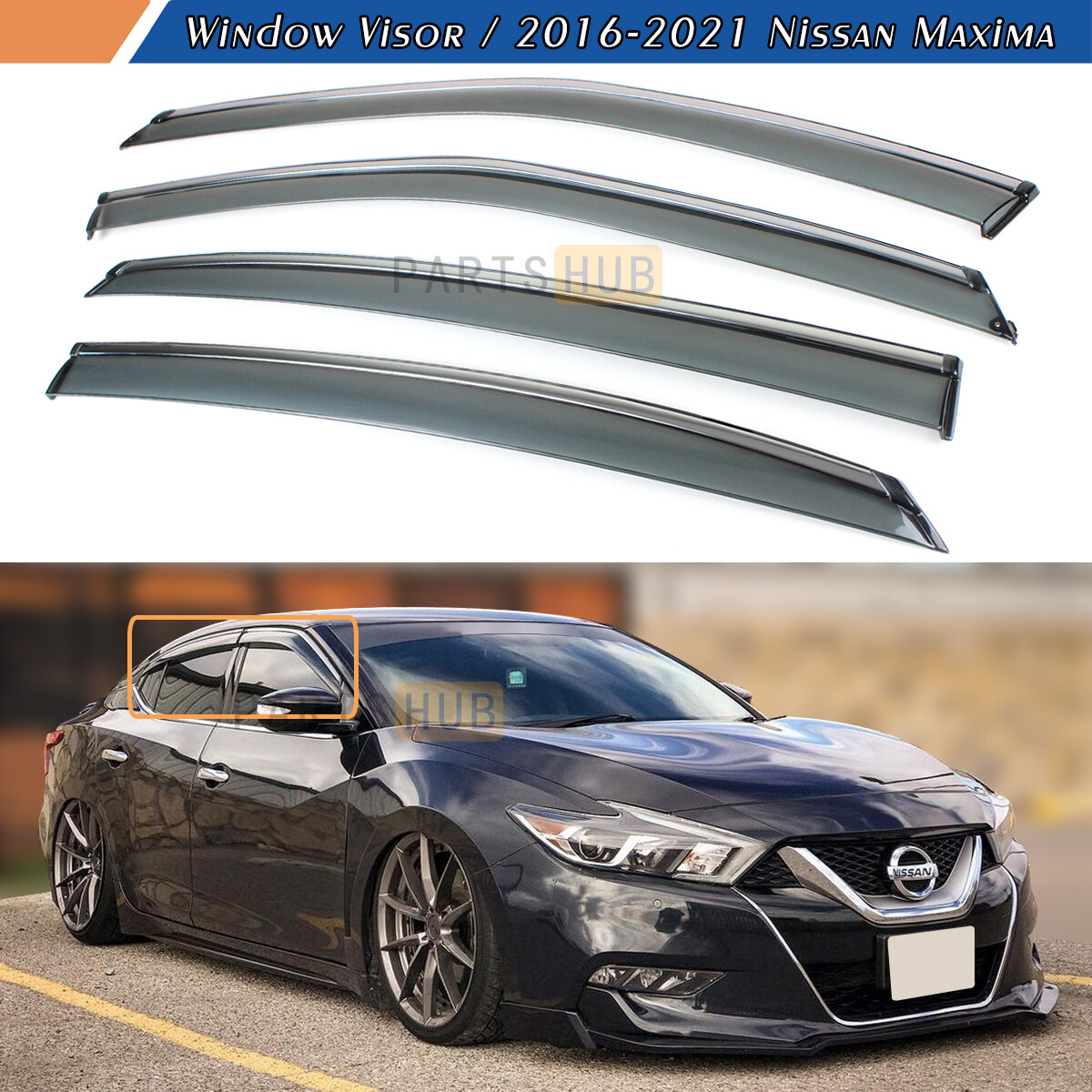 For 2016-2023 Nissan Maxima Chrome Trim Smoke Tinted Window Visors Rain Guards