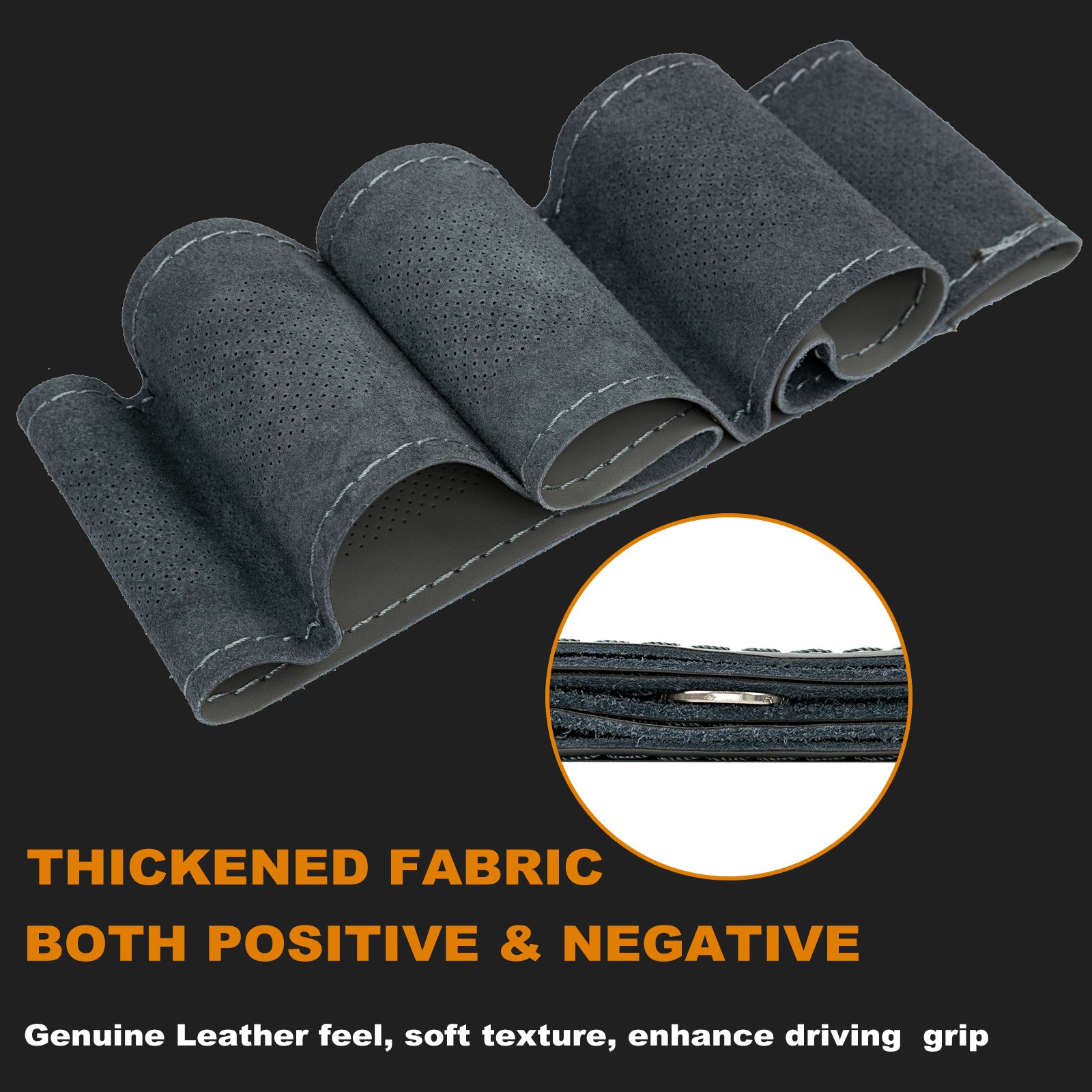 15” Genuine Leather DIY Car Steering Wheel Cover Breathable Anti-slip Gray