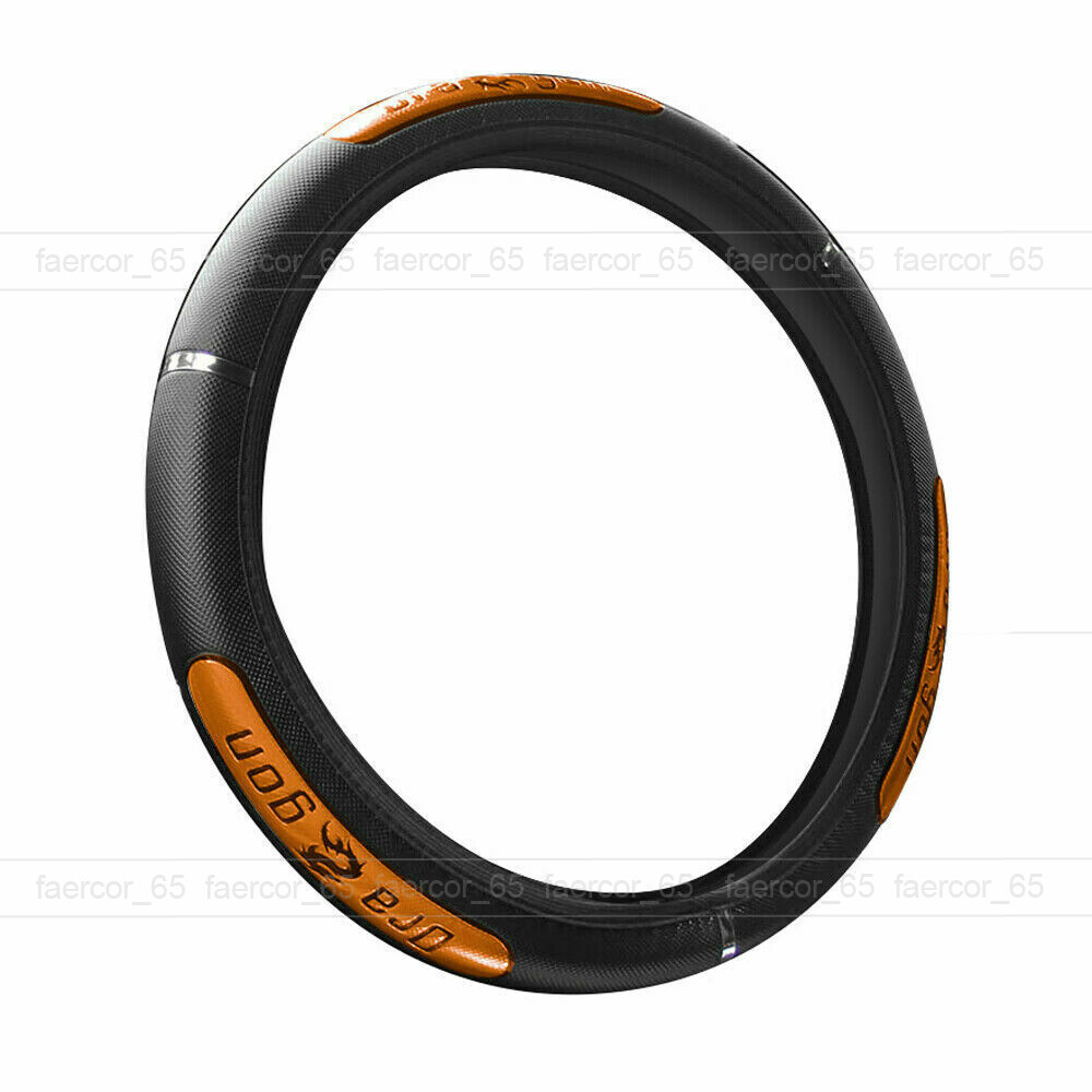 1x 15” Car Steering Wheel Cover Anti Slip PU Leather Orange+Black Accessories