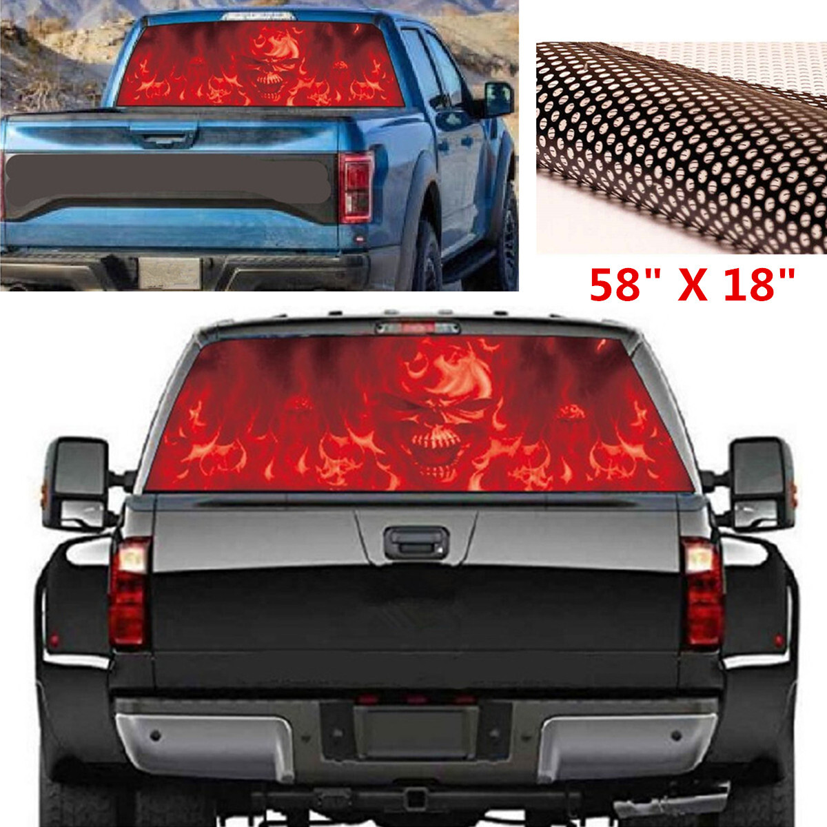 Car Red Flaming Skull Perforated Vinyl Decal Rear Window Sticker Decor DIY