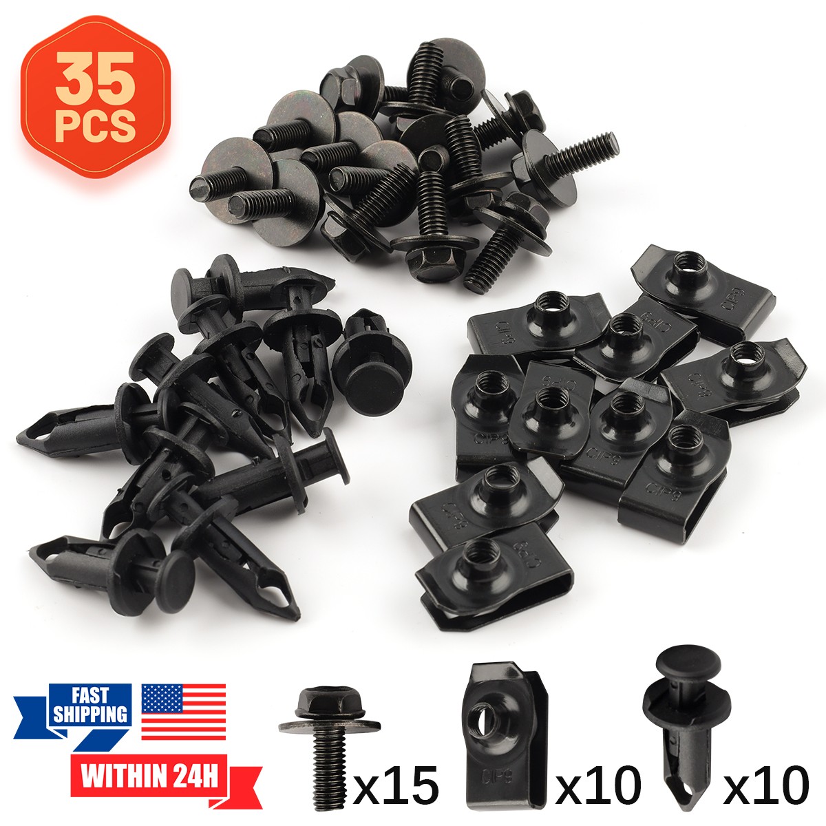 U-Clip Nuts & Bolts Set Clips Under Cover Splash Shield Guard for Car Mounting