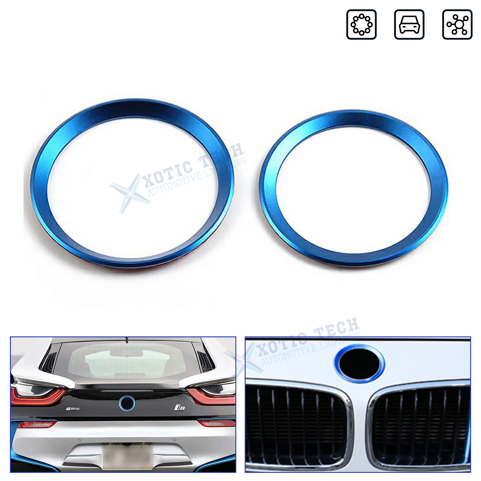 2PCS Auto Blue Aluminum Sporty Exterior Decorative Front Rear Logo Ring For BMW