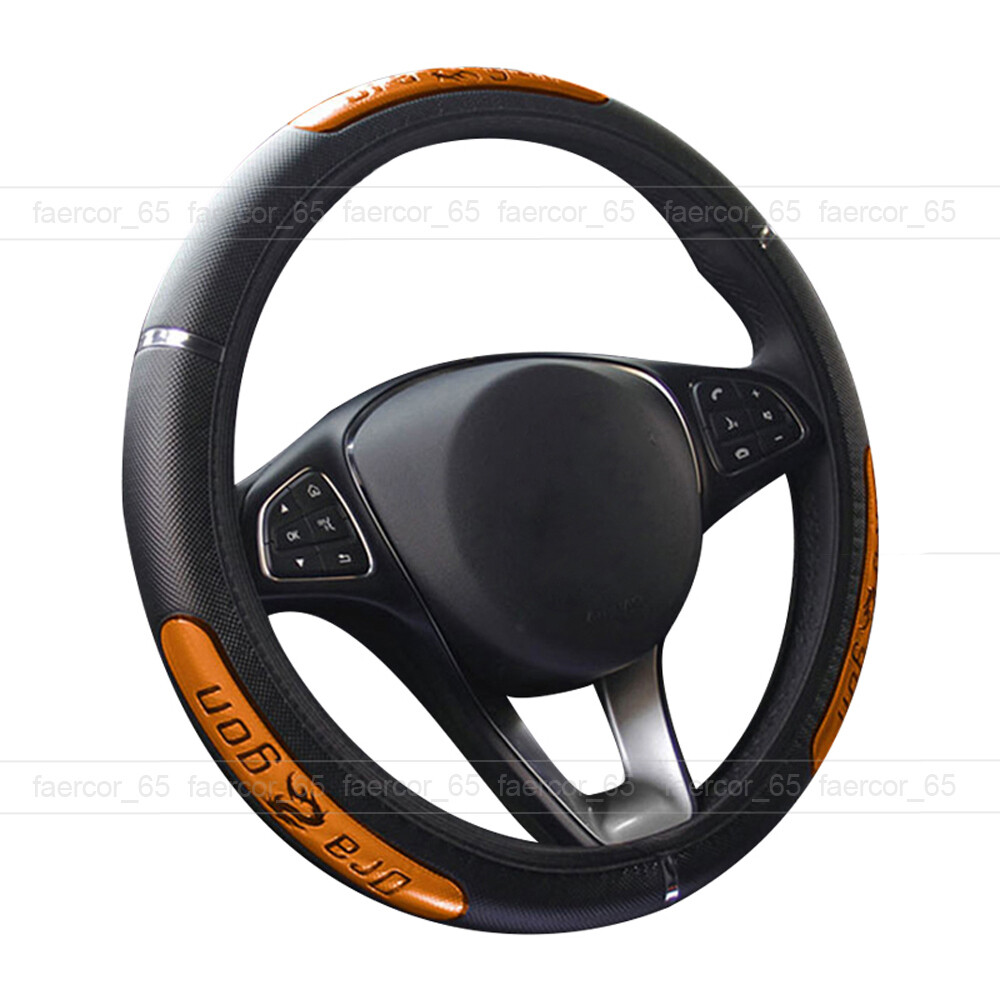 1x 15” Car Steering Wheel Cover Anti Slip PU Leather Orange+Black Accessories