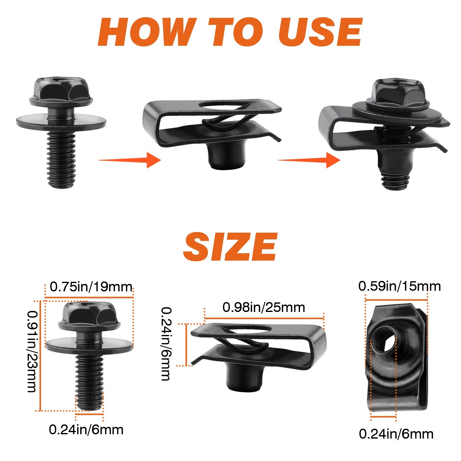 Body Truck Bolts U-nut Clips Clips M6-1.0 Bolts thread M6-1.0x20mm long 10mm hex