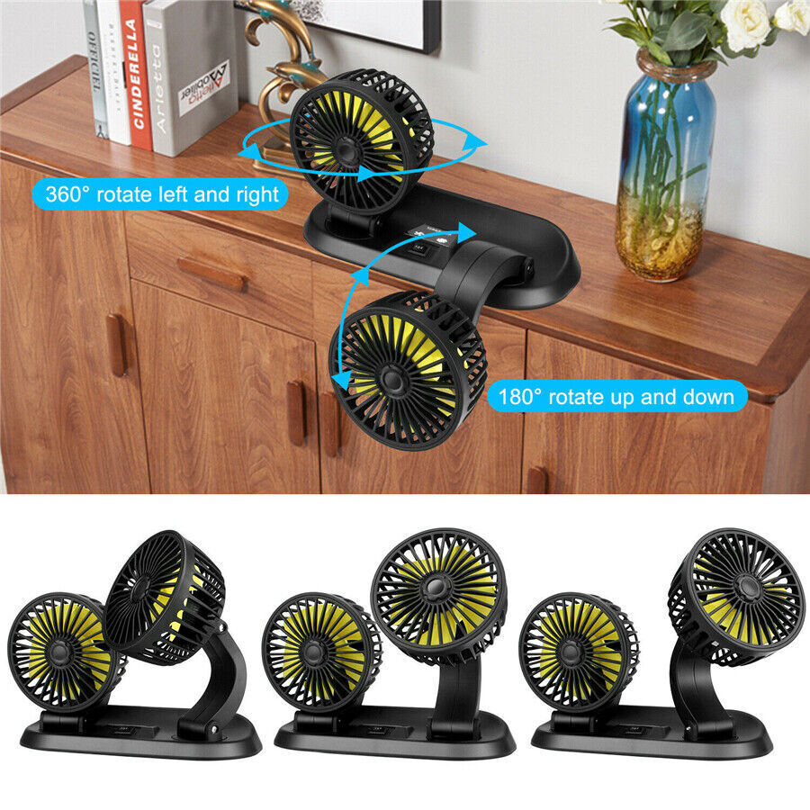 Car Fan Dual Head Dash Cooling Rotatable For Driver Passenger Portable Cooler