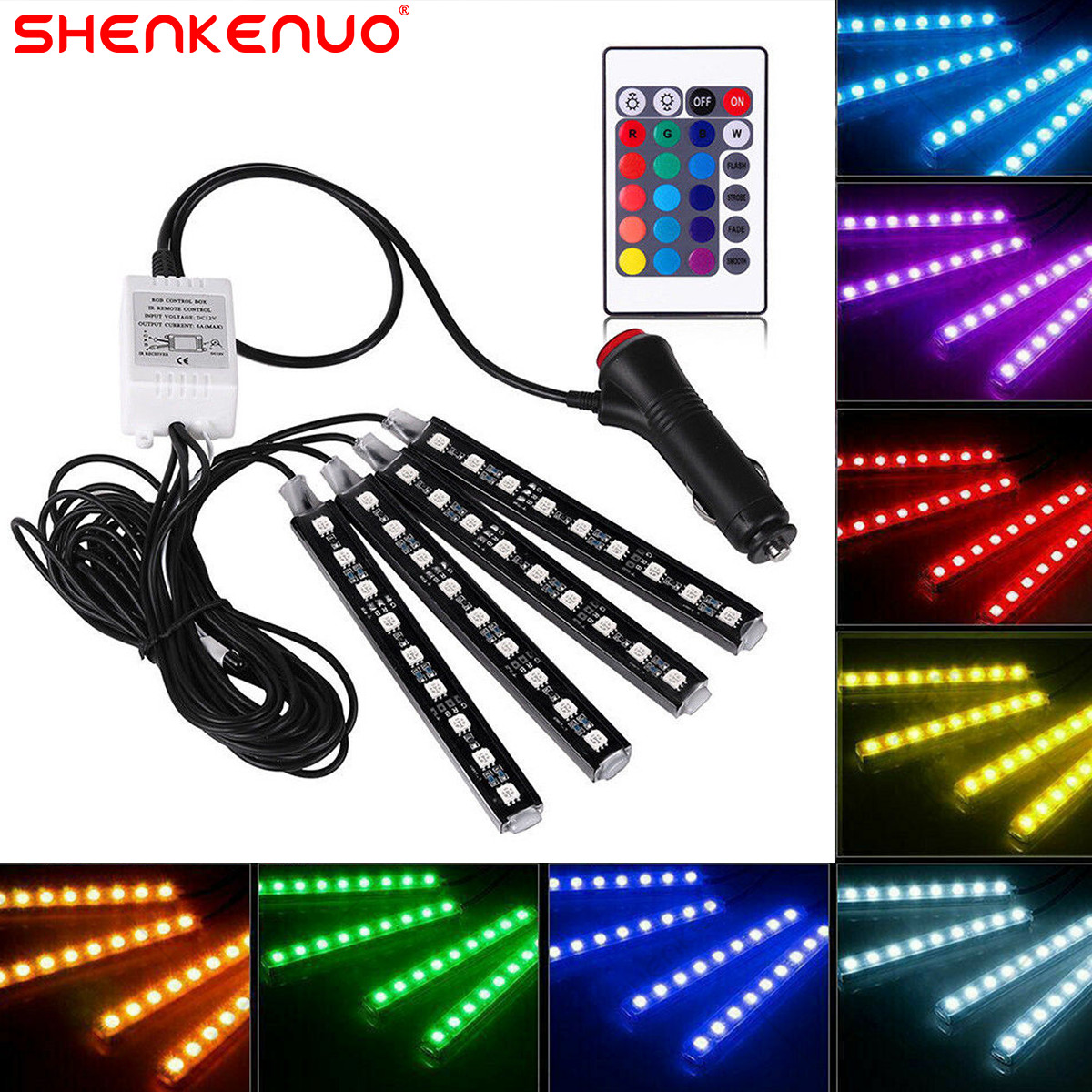 SHENKENUO RGB Car LED Strip Lights – 5050 SMD 36 LEDs,16 Colors, IP65 Waterproof