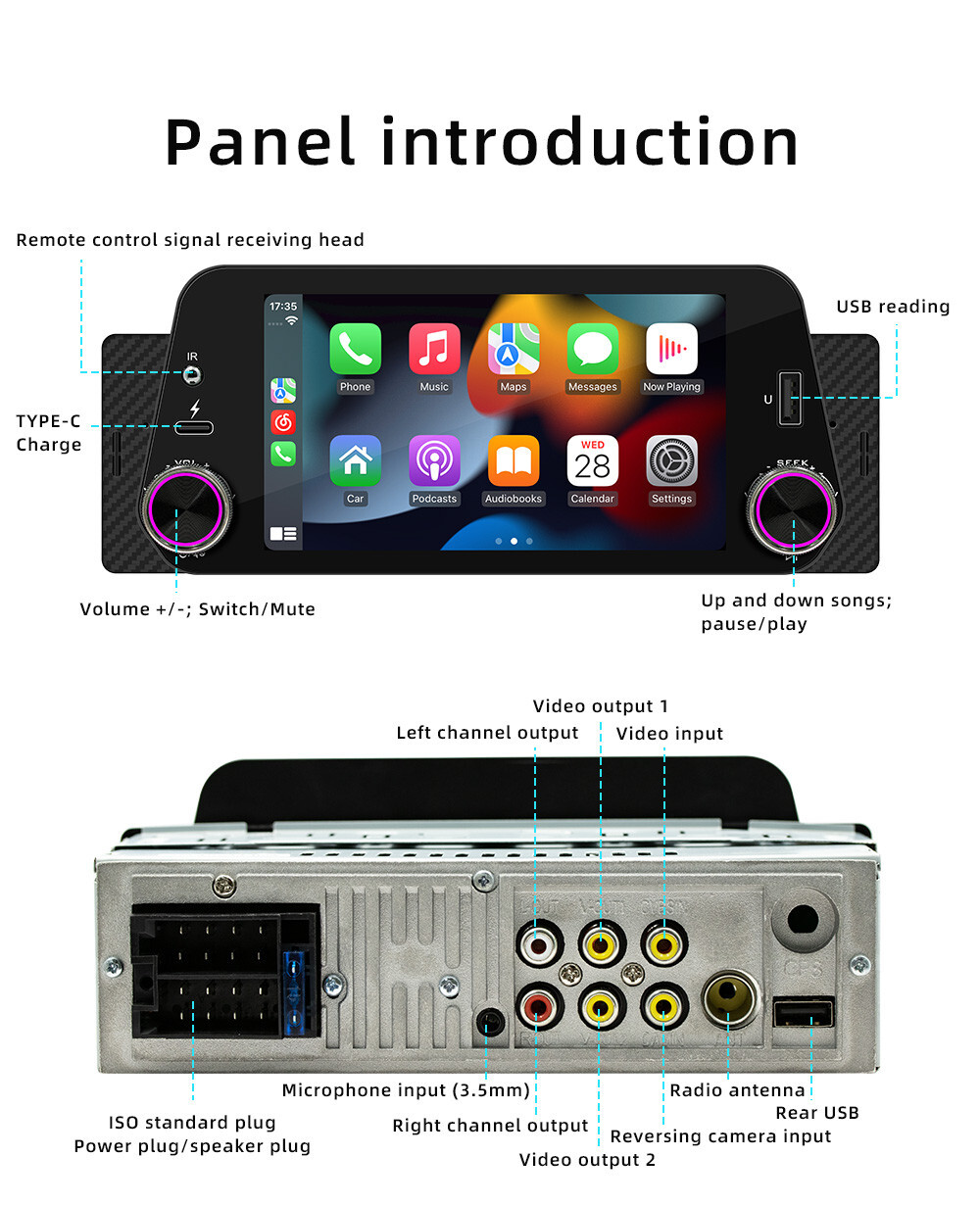 Car Radio Bluetooth Stereo For CarPlay Android Auto MP5 Player W/Free Camera