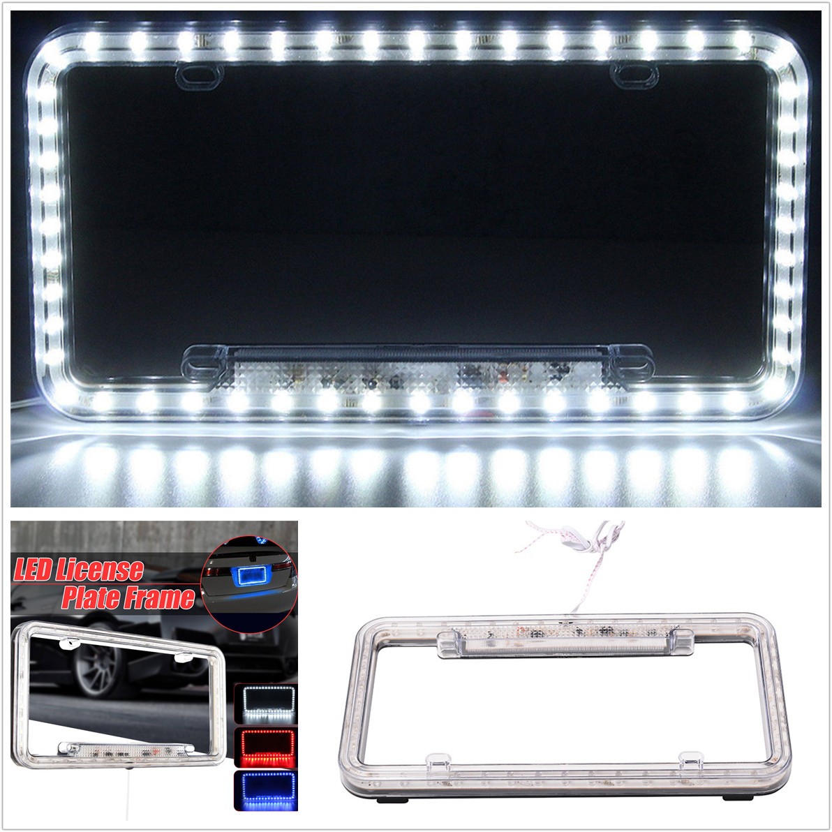Universal 54LED 12V White Lighting Acrylic Plastic Car License Plate Cover Frame