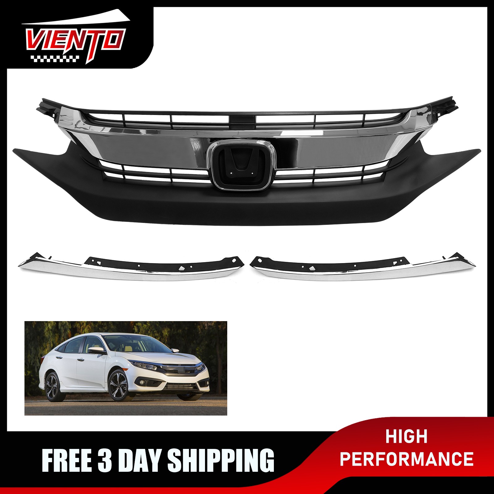 Front Bumper Grille W/ Chrome Eyelid Molding For 2016-2018 Honda Civic Sedan