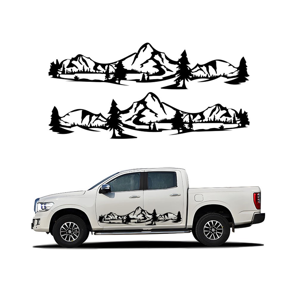 2pcs 59” Black Mountain Tree Graphic Side Body Door Sticker For Truck Pickup