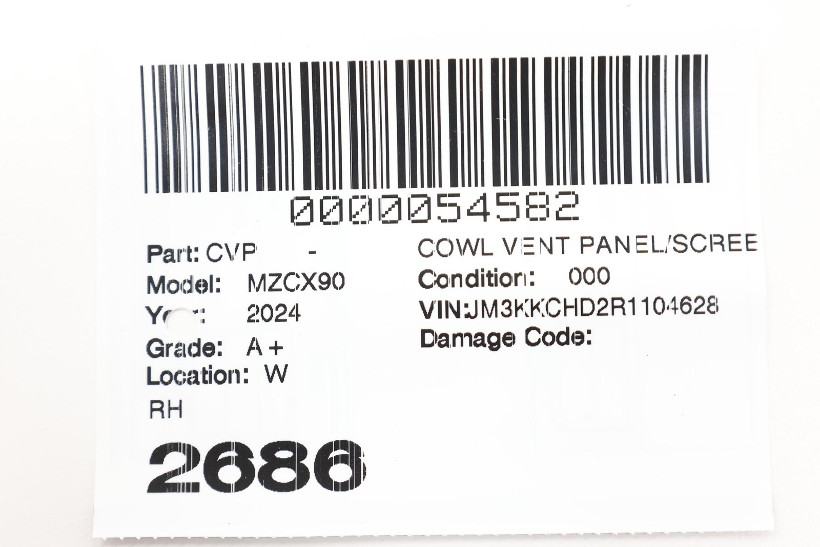 2024-2026 MAZDA CX-90 FRONT RIGHT SIDE COWL VENT COVER PANEL OEM KR9P507TZ