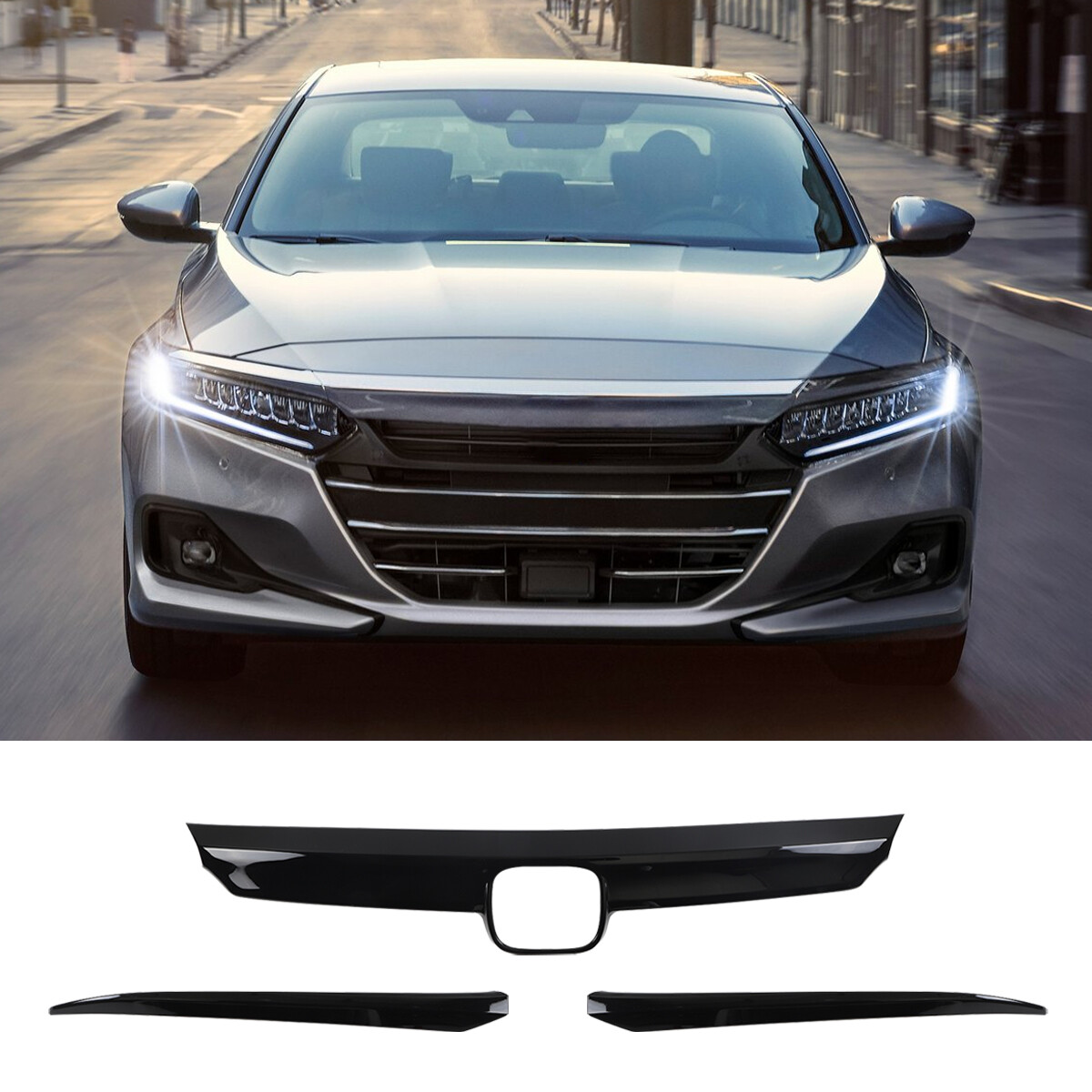 For 2021-2022 Honda Accord Front Grille Garnish Molding Trim + Eyelid Cover 3pcs