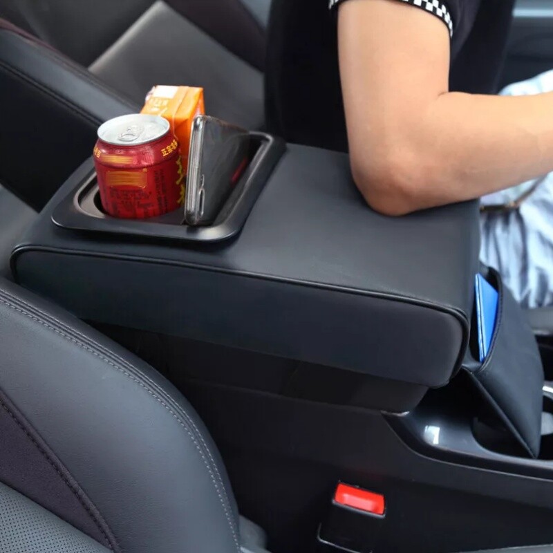 Black Car Armrest Box Cushion Pad Center Console Cover With Cup Holder Storage