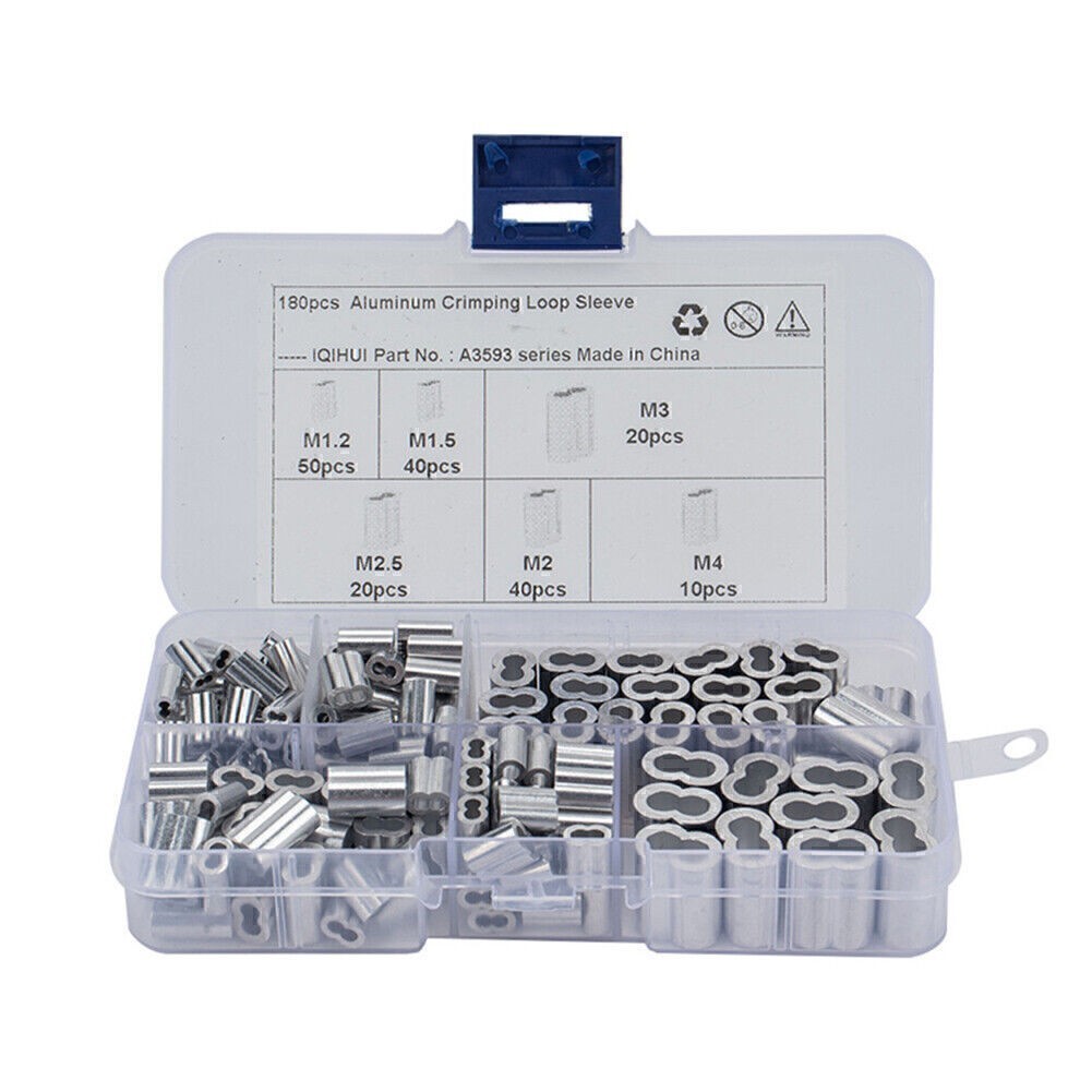180 Pcs Ferrule Crimping Loop Sleeve for Wire Rope Cable Line End Assortment Kit