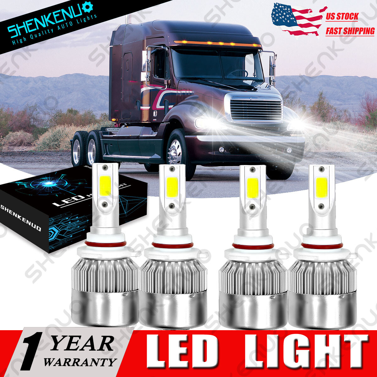 4PC 6000K LED Headlight For Freightliner Columbia 9005 9006 High&Low Beam Bulbs