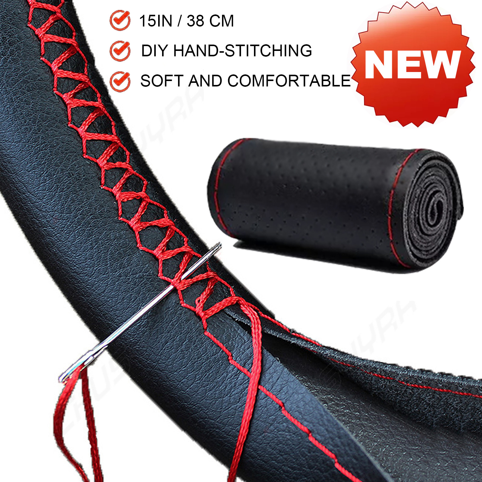 15″/38cm Car Steering Wheel Cover Needle Thread AntiSlip Leather Black