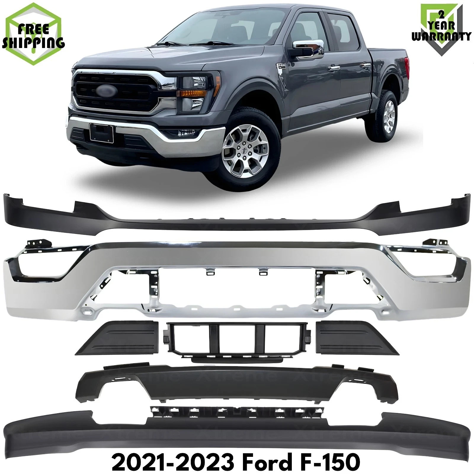 Front Bumper Face Bar Chrome Steel & Bumper Molding Kit For 2021-2023 Ford F-150