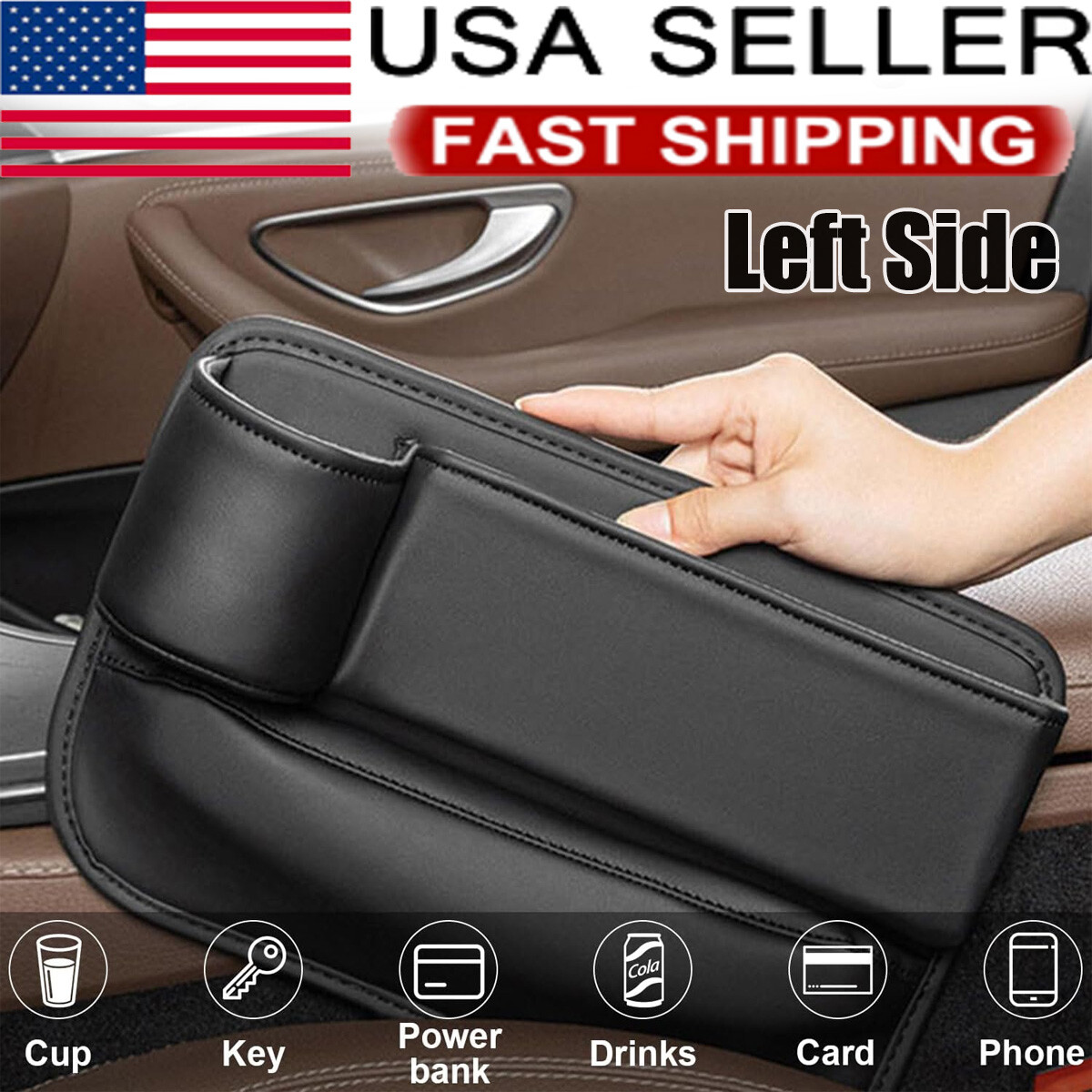 Left Side PU Leather Car Seat Gap Filler Organizer with Cup Holder Storage Box