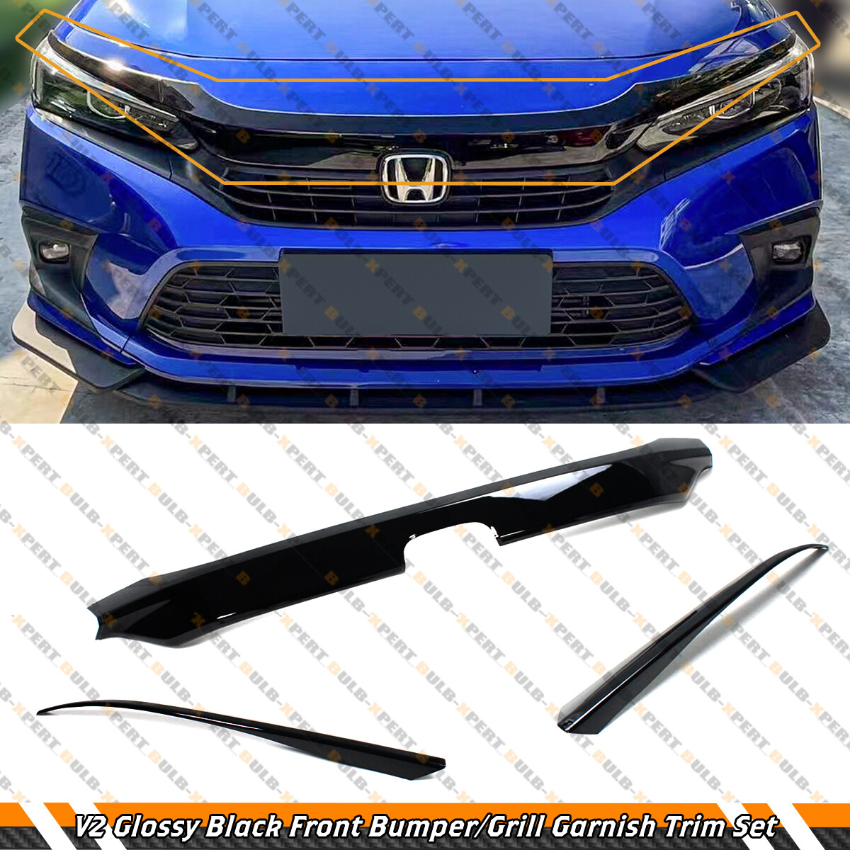 FOR 2022-2024 HONDA CIVIC GLOSS BLACK V2 FRONT BUMPER GRILL TRIM COVER GARNISH