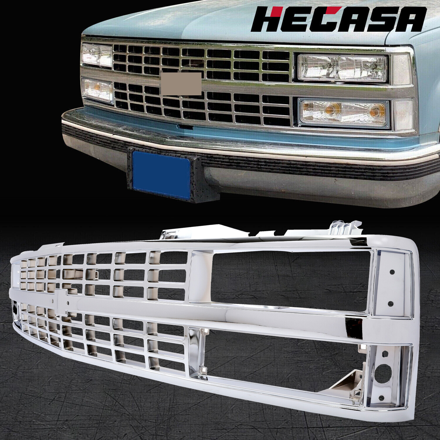 HECASA Chrome Grille For 88-93 Chevy C K 1500 2500 3500 W/ Insert Dual Headlight