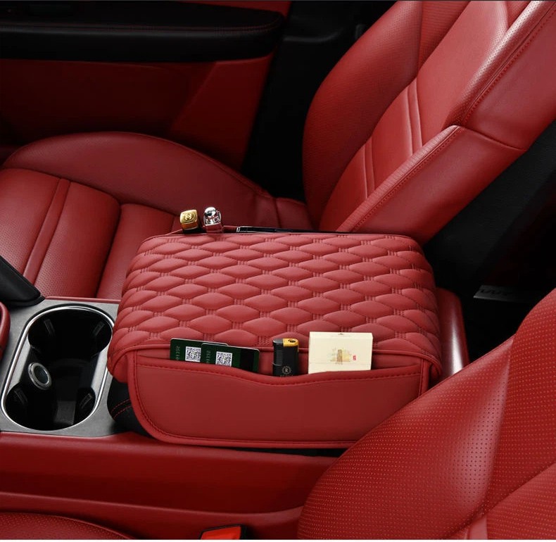 Universal Car Armrest Cushion Cover Center Console Box Pad Mat with Pocket red