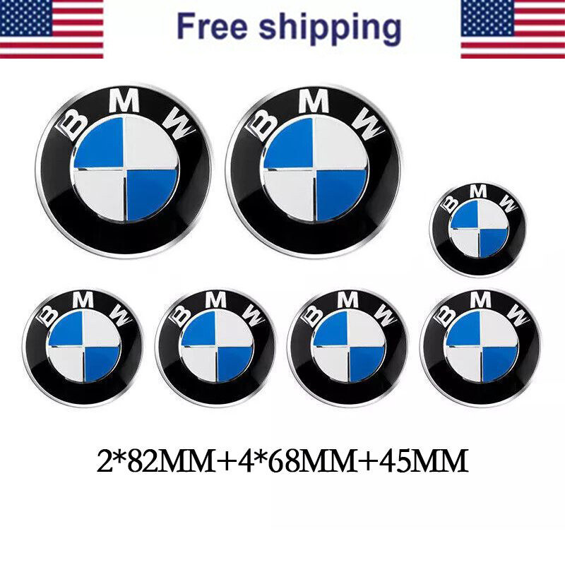 7PCS Emblems Badge For NEW Hood 82mm Trunk 82mm Wheel HubCaps 68mm Steering 45mm