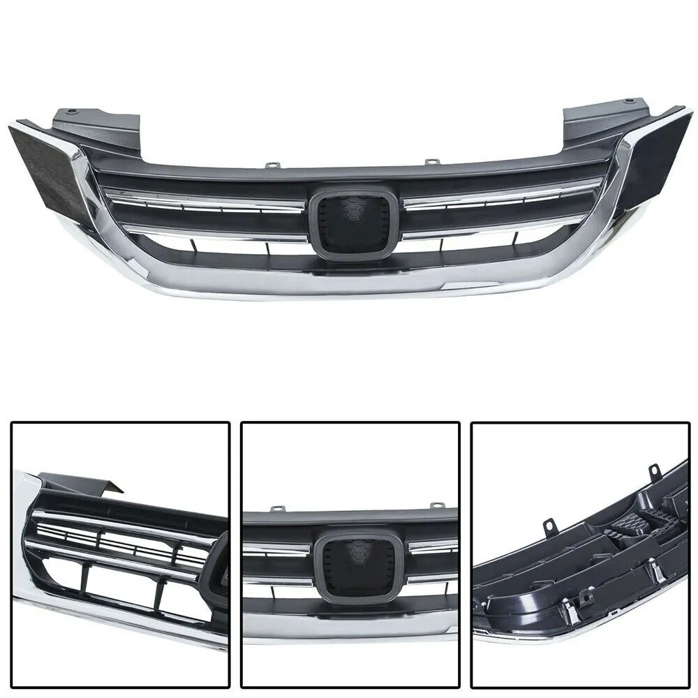 3PCS For 2013-2015 Honda Accord Front Upper & Lower Grille + Chrome Molding Trim