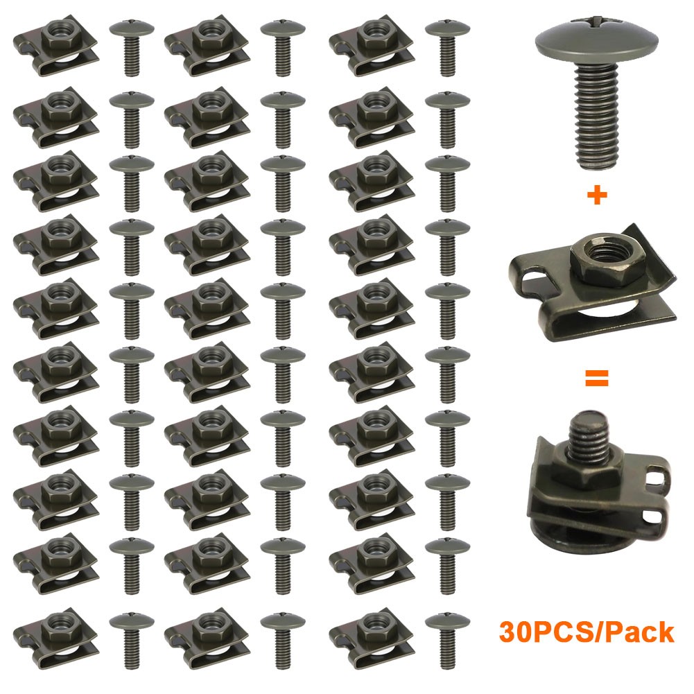 30SET Car Body Bolts U-nut Clips M6 Splash Shield Retainer Fastener Rivet Screws