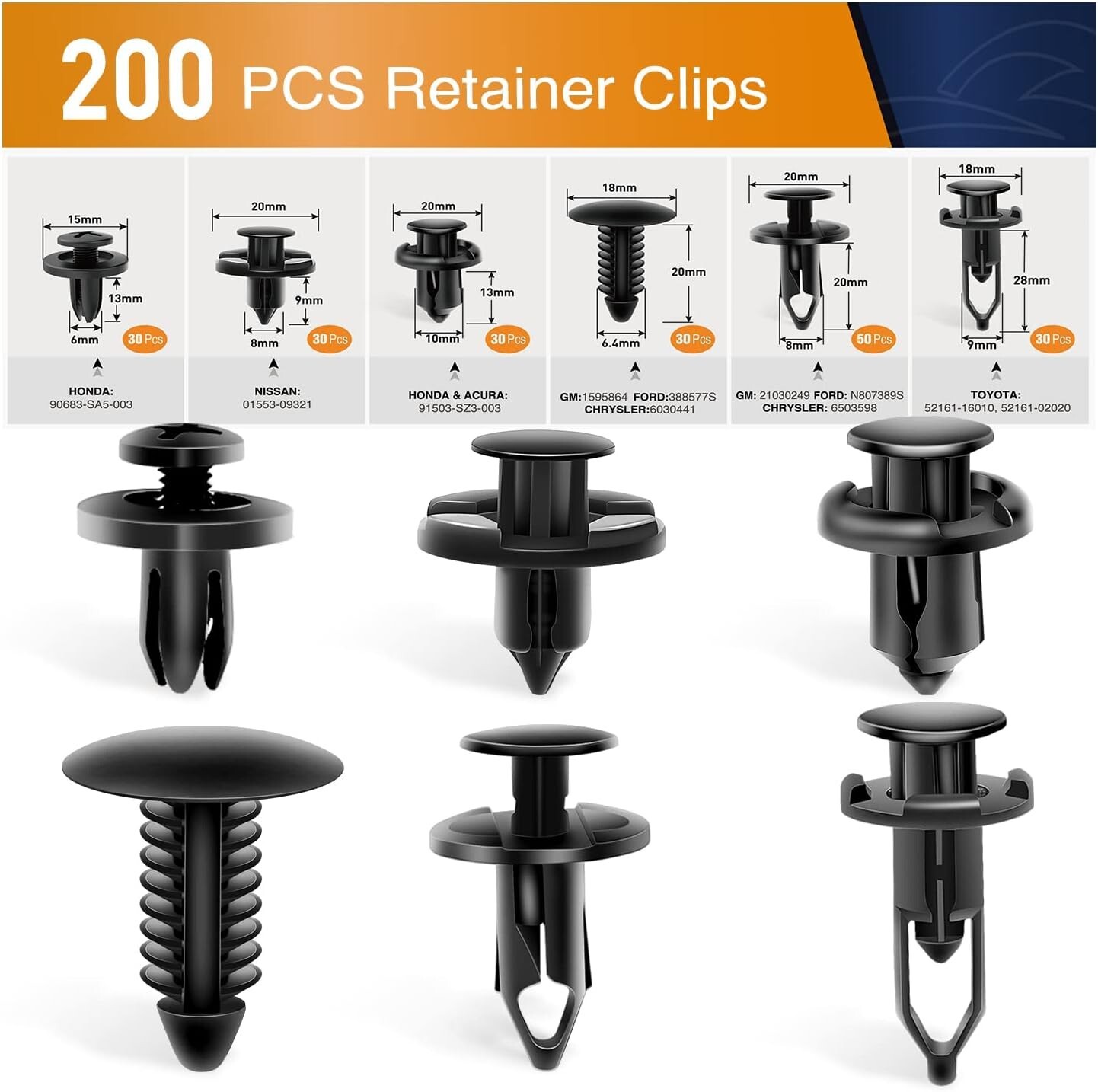 200Pcs Push Bumper Fastener Rivet Clips W/6 Size Universal Plastic Fender Clips