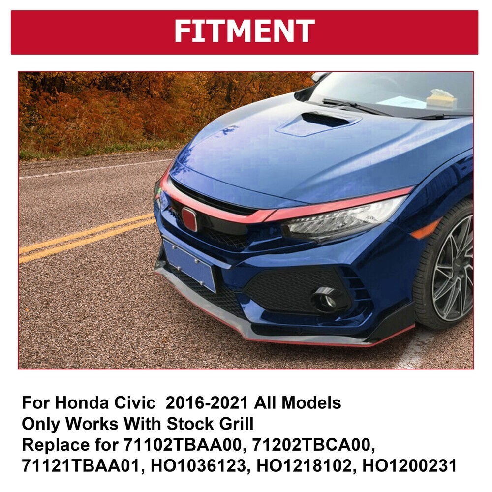 FOR 2016-2021 HONDA CIVIC JDM GLOSSY RED ABS FRONT GRILL TRIM COVER GARNISH- 3PC