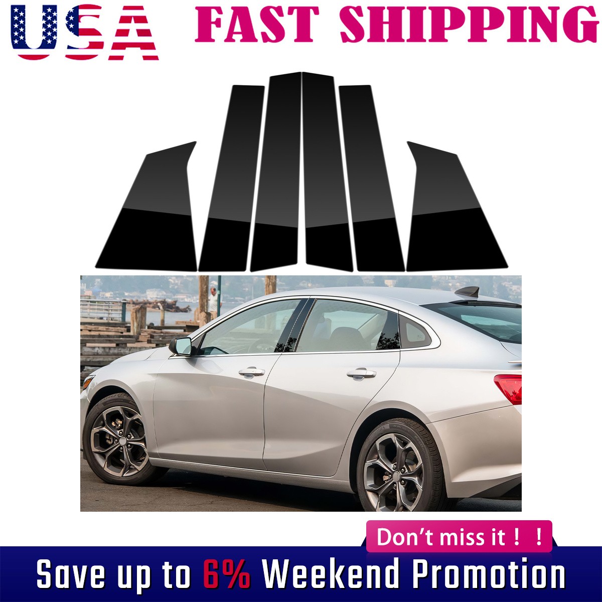 For 2016-2023 Chevy Malibu Stainless Steel Window Pillar Post Trim Cover Black
