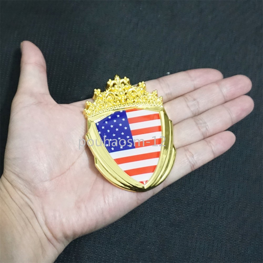 1x USA Flag Cronw Golden Chrome Metal Front Grille Emblem Badge America GT Grand